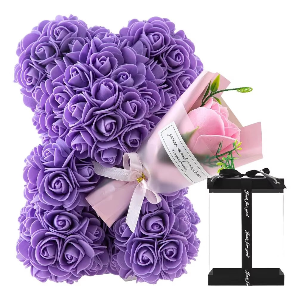 Rose Flower Bear 9.45In Cute Artificial Forever Flower Rose with Clear Box Handmade Romantic Decorative Valentines Day Bear Gift