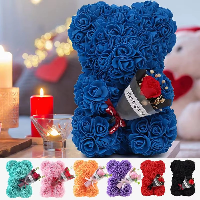 Rose Flower Bear 9.45In Cute Artificial Forever Flower Rose with Clear Box Handmade Romantic Decorative Valentines Day Bear Gift