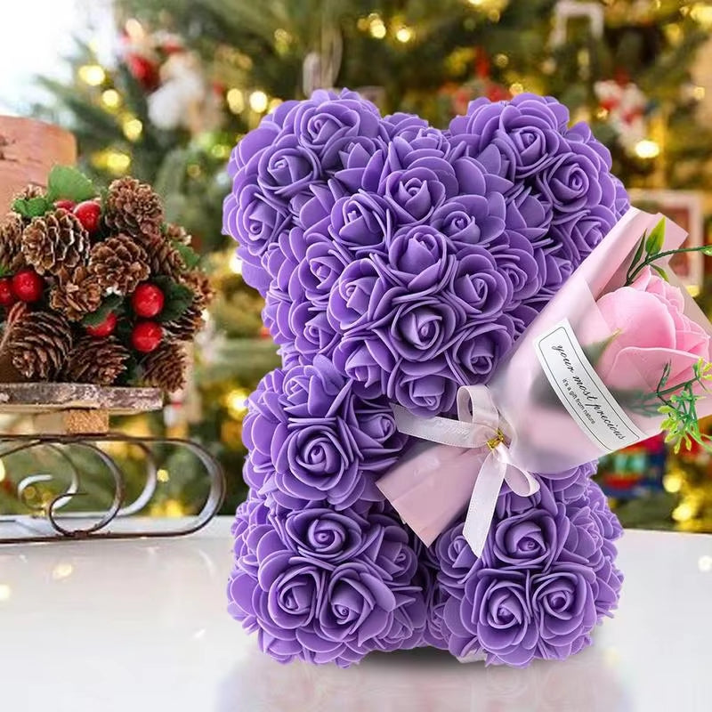 Rose Flower Bear 9.45In Cute Artificial Forever Flower Rose with Clear Box Handmade Romantic Decorative Valentines Day Bear Gift